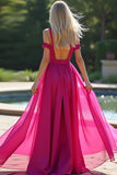 Fuchsia Cold Shoulder A Line Long Prom Dress