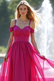 Fuchsia Cold Shoulder A Line Long Prom Dress