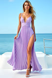 Lilac Open Back Spaghetti Strapless Pleated Long Bridesmaid Dress with Slit