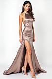 Dusty Rose Mermaid Halter Satin Prom Dress with Slit