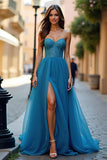 Blue Beaded A Line Strapless Prom Dress with Slit