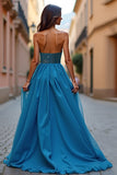 Blue Beaded A Line Strapless Prom Dress with Slit