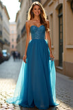 Blue Beaded A Line Strapless Prom Dress with Slit