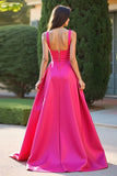 Fuchsia Square Neck A Line Long Prom Dress with Slit