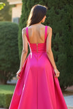 Fuchsia Square Neck A Line Long Prom Dress with Slit