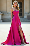 Fuchsia A Line Strapless Prom Dress with Slit