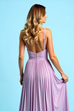 Lilac Open Back Ruched Spaghetti Strapless Long Bridesmaid Dress with Slit