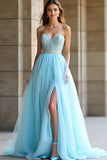 Light Blue Beaded Strapless A Line Long Prom Dress with Slit