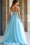 Light Blue Beaded Strapless A Line Long Prom Dress with Slit