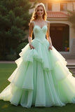 Green Princess Tiered Beaded Long Prom Dress