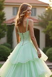 Green Princess Tiered Beaded Long Prom Dress