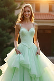 Green Princess Tiered Beaded Long Prom Dress