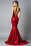 Sparkly Dark Red Mermaid Backless Long Prom Dress