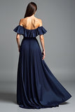 Off the Shoulder Navy Ruched A Line Formal Dress