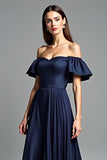 Off the Shoulder Navy Ruched A Line Formal Dress