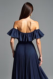 Off the Shoulder Navy Ruched A Line Formal Dress