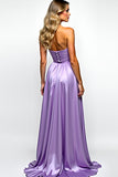 Purple A Line Strapless Prom Dress with Slit