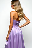 Purple A Line Strapless Prom Dress with Slit