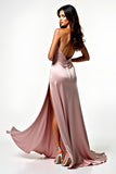 Blush Satin Halter Backless Prom Dress with Side Slit