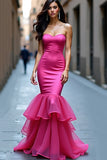 Fuchsia Satin Mermaid Strapless Prom Dress with Ruffled Hem