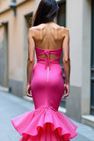 Fuchsia Satin Mermaid Strapless Prom Dress with Ruffled Hem