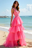 Hot Pink Beaded V Neck A Line Tiered Long Prom Dress