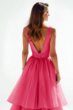 Hot Pink Beaded V Neck A Line Tiered Long Prom Dress