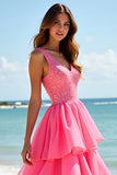 Hot Pink Beaded V Neck A Line Tiered Long Prom Dress