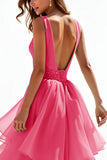 Hot Pink Beaded V Neck A Line Tiered Long Prom Dress