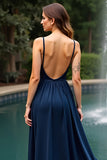 Navy Open Back Spaghetti Straps A-Line Long Wedding Guest Dress