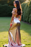 Metallic Rose Golden Off the Shoulder Prom Dress with Front Slit