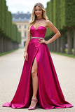 Fuchsia Strapless A Line Prom Dress With Slit