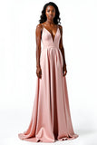 Blush Open Back Satin Spaghetti Straps A-Line Long Wedding Guest Dress