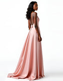 Blush Open Back Satin Spaghetti Straps A-Line Long Wedding Guest Dress