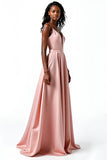 Blush Open Back Satin Spaghetti Straps A-Line Long Wedding Guest Dress