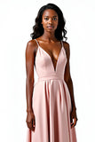 Blush Open Back Satin Spaghetti Straps A-Line Long Wedding Guest Dress