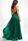 A Line Dark Green Spaghetti Straps Prom Dress With Slit