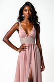 Blush V-Neck Ruched Long Formal Dress with Slit