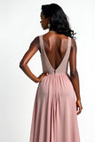 Blush V-Neck Ruched Long Formal Dress with Slit