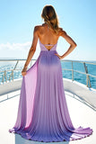 Purple Chiffon Halter Pleated Long Wedding Guest Dress with Slit