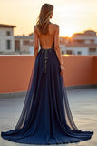 Halter Tulle Navy A Line Cut Out Formal Dress with Beading