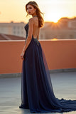 Halter Tulle Navy A Line Cut Out Formal Dress with Beading