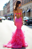 Fuchsia Mermaid Strapless Cut Out Ruffled Prom Dress