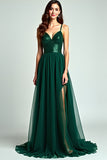 Dark Green Tulle Spaghetti Straps Formal Dress with Sequins