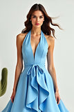 Blue A Line Halter Ruffled Tiered Prom Dress