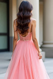 Pink A Line Spaghetti Straps Corset Sequin Prom Dress