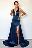 Navy Satin Deep V Neck Sheath Formal Dress with Slit