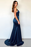 Navy Satin Deep V Neck Sheath Formal Dress with Slit