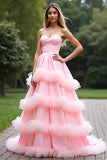 Pink A Line Sweetheart Tiered Long Tulle Prom Dress With Ruffles