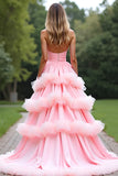 Pink A Line Sweetheart Tiered Long Tulle Prom Dress With Ruffles